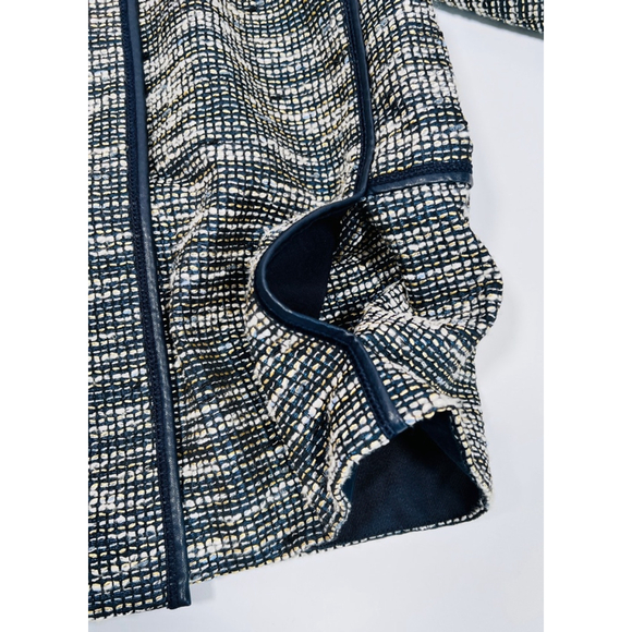 Lafayette 148 New York Woman’s Blazer Blue White Jacket, Size L Leather Trim - Picture 7 of 16